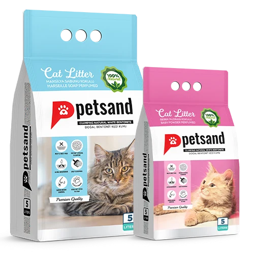Packaging litière agglomérante pour chat Petsand Baby Powder disponible en format 5L et 10L sur fond noir